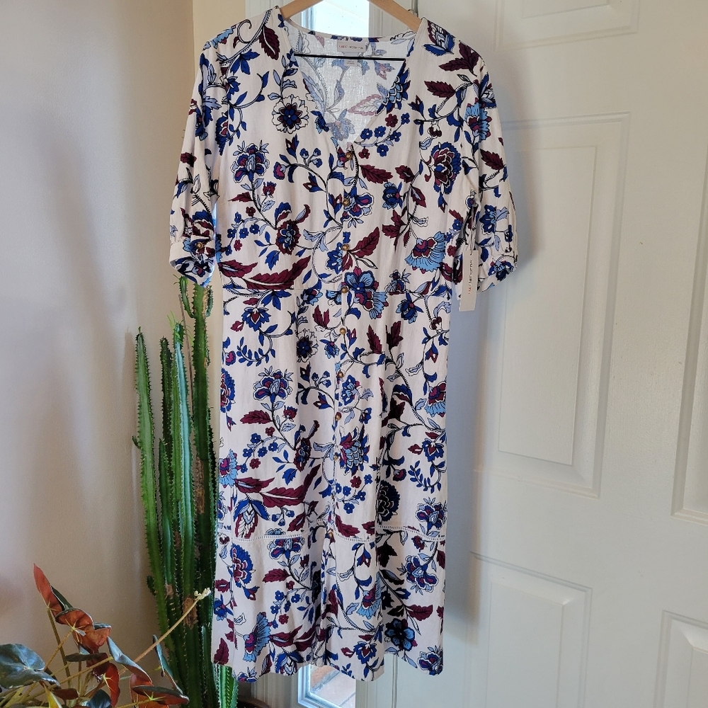 NWT Liz Claiborne Linen Floral Flowey Shortsleeve Dress, Size 6, Wedding Guest